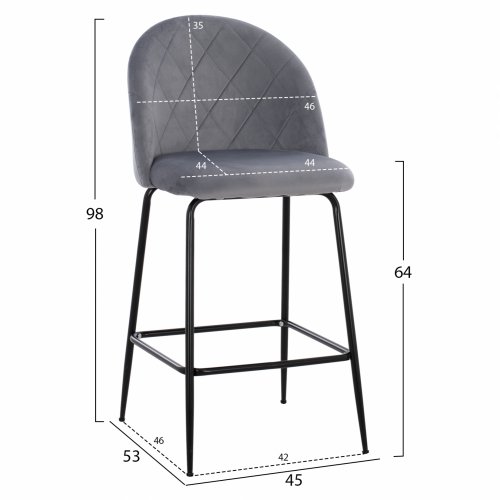 Barhocker "Odell" mittelhoch mit Metallfüßen aus grauem Samt 45x53x98 cm