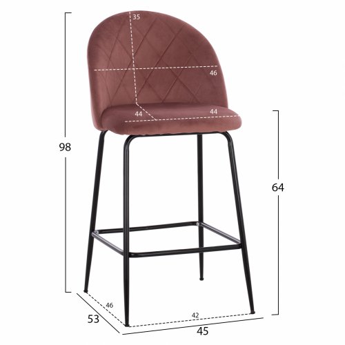 Barhocker "Odell" mittelhoch mit Metallfüßen aus rose Samt 45x53x98 cm