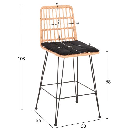Barhocker, mittlere Höhe, Metall und Kissen, Schwarz-Kocher, Beige, 50 x 55 x 103 cm