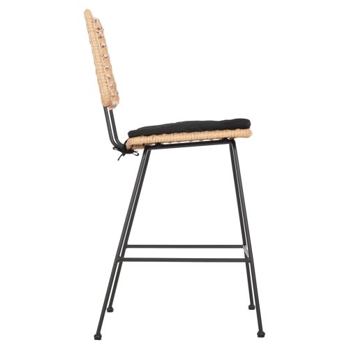 Barhocker, mittlere Höhe, Allegra aus Metall mit Kissen, schwarz, Korbgeflecht, beige, 53 x 56 x 107 cm