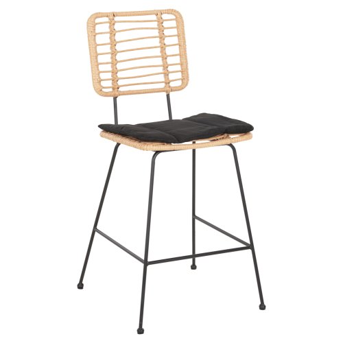 Barhocker, mittlere Höhe, Allegra aus Metall mit Kissen, schwarz, Korbgeflecht, beige, 53 x 56 x 107 cm