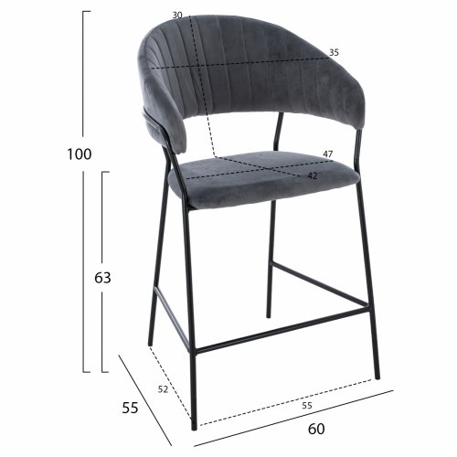 MEDIUM HEIGHT STOOL THEODORE GRAY VELVET WITH BLACK FRAME 60x55x100 cm