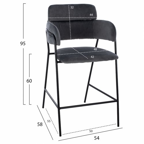 MEDIUM HEIGHT STOOL KELSO GRAY VELVET WITH METAL FRAME 54x58x95 cm