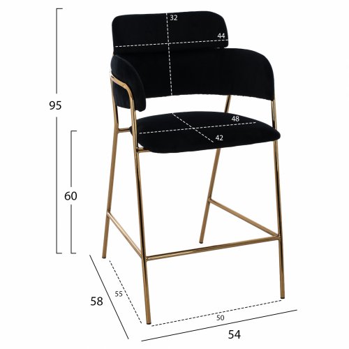 MEDIUM HEIGHT STOOL KELSO BLACK VELVET WITH METAL FRAME 54x58x95 cm