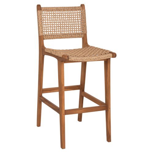 BAR STOOL WITH BACKREST TELLY TEAK WOOD IN NATURAL-BEIGE ROPE 45x57x110Hcm