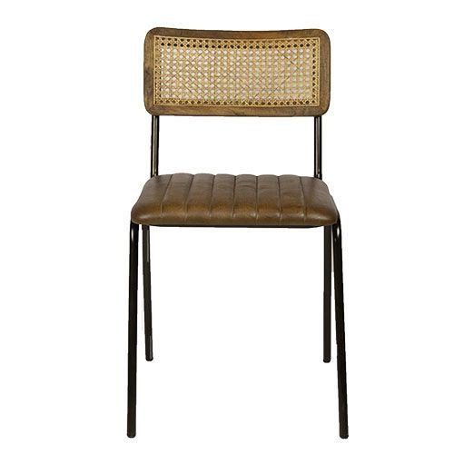 Stuhl "Jens" aus 100% Büffelleder mit Rattanrücken und Metallbeinen in Farbe Cognac