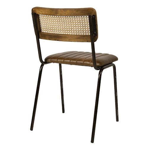 Stuhl "Jens" aus 100% Büffelleder mit Rattanrücken und Metallbeinen in Farbe Cognac