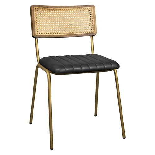 "Jens" chair made of real buffalo leather with rattan back and metal legs in black color