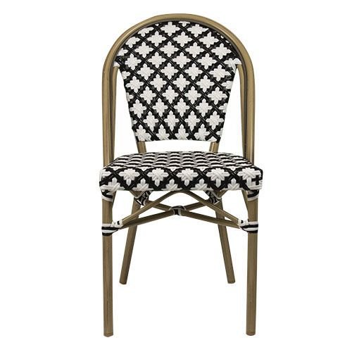 Outdoor Stuhl "Toby IV" aus Aluminium Holzoptik und schwarz weißem Geflecht 54,5x90x47x47 cm stapelbar