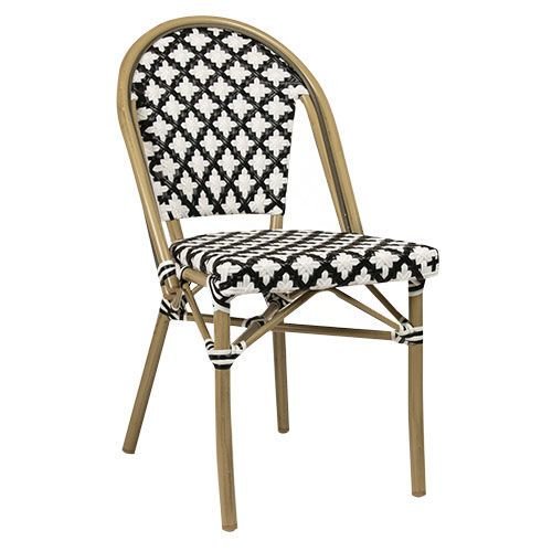 Outdoor Stuhl "Toby IV" aus Aluminium Holzoptik und schwarz weißem Geflecht 54,5x90x47x47 cm stapelbar