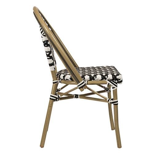 Outdoor Stuhl "Toby IV" aus Aluminium Holzoptik und schwarz weißem Geflecht 54,5x90x47x47 cm stapelbar