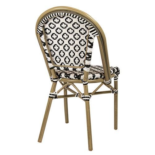 Outdoor Stuhl "Toby IV" aus Aluminium Holzoptik und schwarz weißem Geflecht 54,5x90x47x47 cm stapelbar