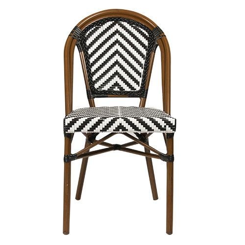 Outdoor Stuhl "Toby I" from Aluminum in wood optic and black and white Holzoptik and black and white meshwork 54,5x90x47x47 cm stackable