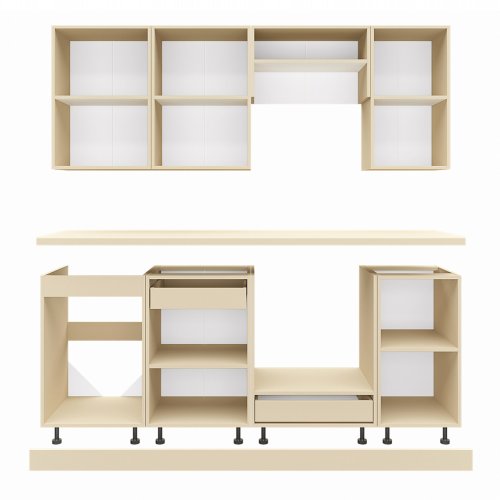 KÜCHENKOMPOSITION WEIß MELAMIN ARBEITSPLATTE MIT BEIGER MARMOROPTIK 200x47x84,8cm WW2470.01