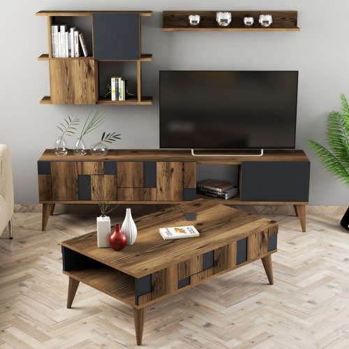 MELAMIN-FERNSEHMÖBEL AUS NUSSBAUM UND SCHWARZ 180x33,8x48,6cm