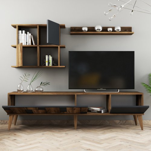 MELAMIN-FERNSEHMÖBEL AUS NUSSBAUM UND SCHWARZ 180x33,8x48,6cm
