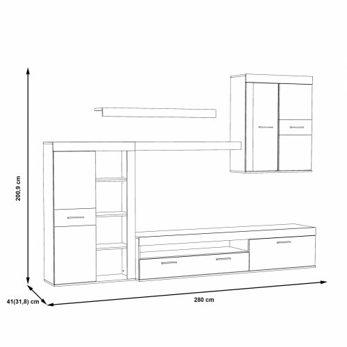 TV Set mit Vitrine und Kabine in natürlich weiß 280x31,8-41x200,9 cm