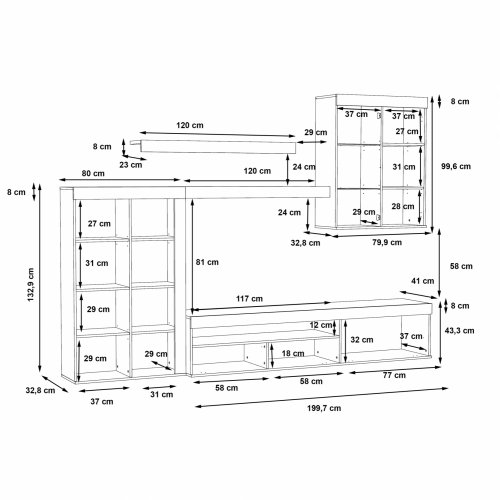 TV Set mit Vitrine und Kabine in natürlich weiß 280x31,8-41x200,9 cm