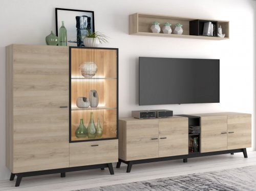 TV Set mit Schrank und Vitrine und LED in natürlich und schwarz 329,3 x 41,6 x 169,6 cm
