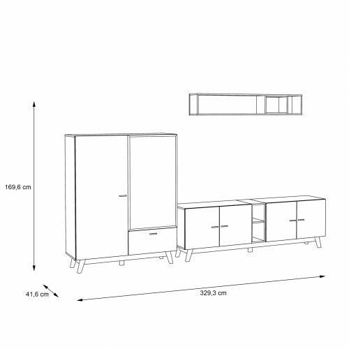 TV Set mit Schrank und Vitrine und LED in natürlich und schwarz 329,3 x 41,6 x 169,6 cm