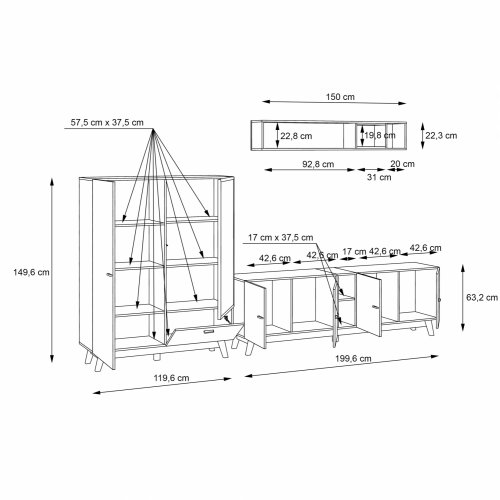 TV Set mit Schrank und Vitrine und LED in natürlich und schwarz 329,3 x 41,6 x 169,6 cm