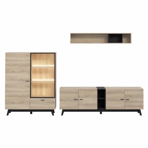 TV Set mit Schrank und Vitrine und LED in natürlich und schwarz 329,3 x 41,6 x 169,6 cm