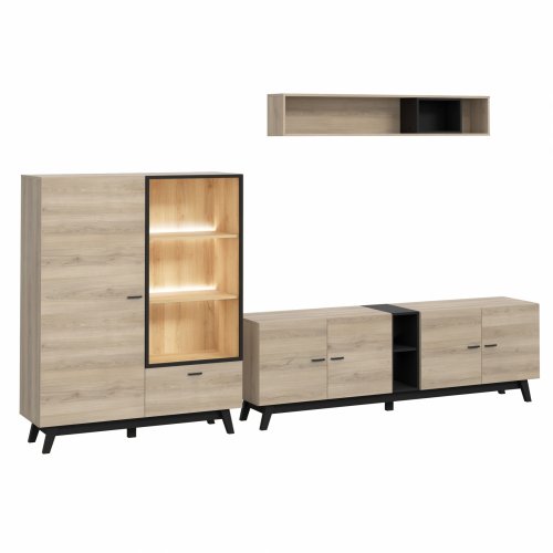TV Set mit Schrank und Vitrine und LED in natürlich und schwarz 329,3 x 41,6 x 169,6 cm