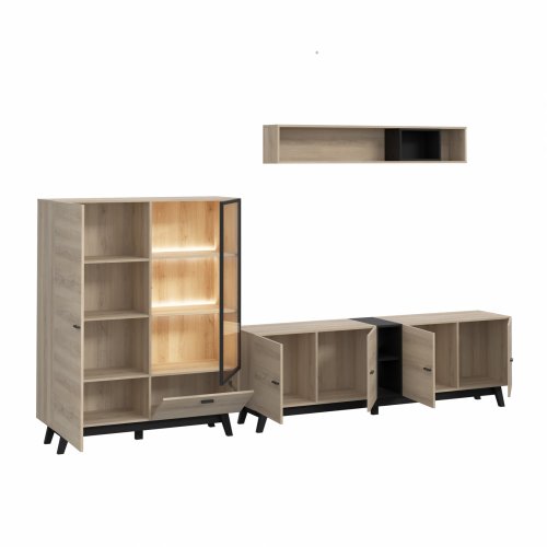 TV Set mit Schrank und Vitrine und LED in natürlich und schwarz 329,3 x 41,6 x 169,6 cm