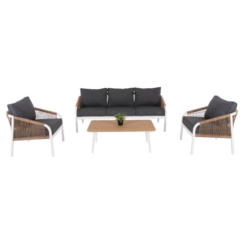 OUTDOOR-LOUNGE-SET 4-teilig WEISSES ALUMINIUM-PE-TWIST-SEIL-ANTHRAZIT-KISSEN