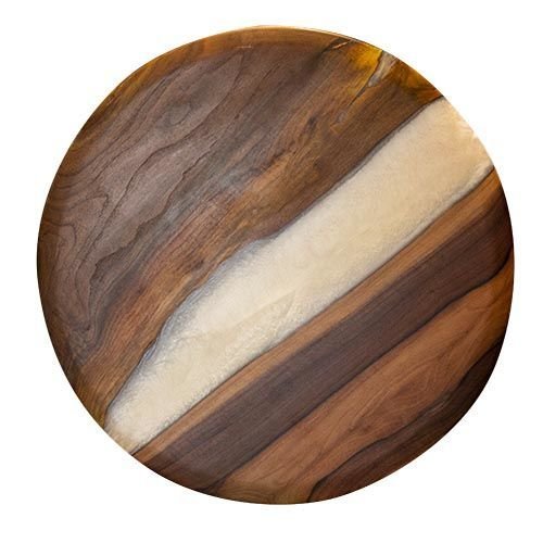 Tischplatte "Waltz" aus Nussbaumholz und Epoxidharz in weiß Ø70 cm
