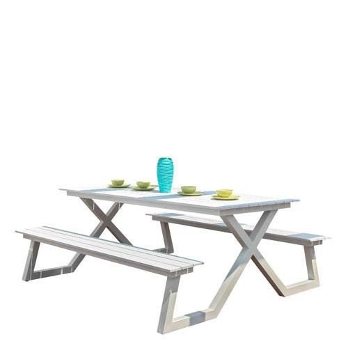 Gartenbank-Set in weiß aus Aluminium Tisch: W200xD87xH75cm Bank: W200xD29xH45cm