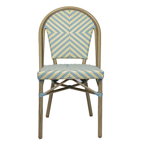 Outdoor Chair "Toby II" from Aluminum in wood optic and beige-blue meshwork 54,5x90x47x47 cm stackable