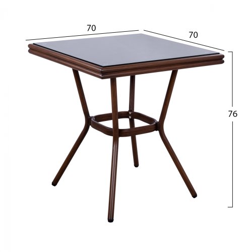 Outdoor-Tisch aus Aluminium in Bambusoptik in braun 70 x 70 x 76 cm.