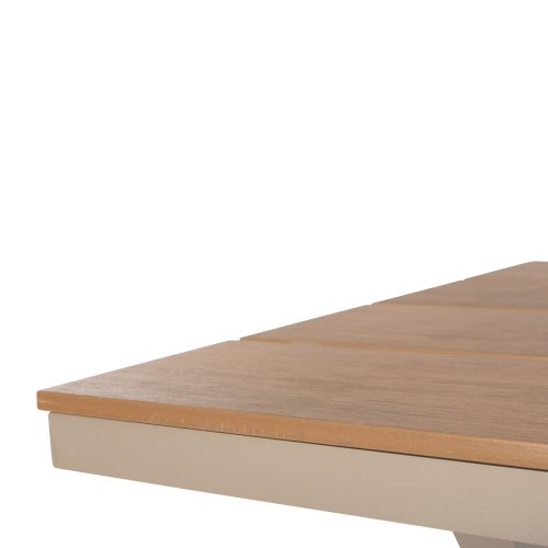RECHTECKIGER ALUMINIUMTISCH CHAMPAGNERFARBE-POLYWOOD IN NATURHOLZ 150x89,5x73H