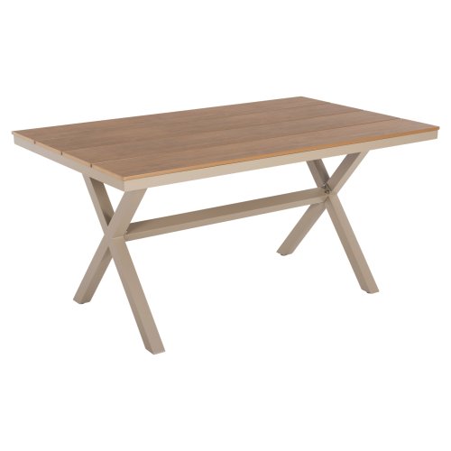 RECHTECKIGER ALUMINIUMTISCH CHAMPAGNERFARBE-POLYWOOD IN NATURHOLZ 150x89,5x73H