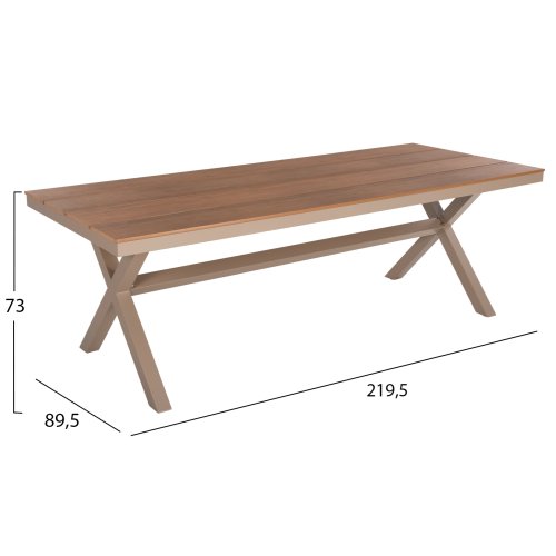 RECHTECKIGER ALUMINIUMTISCH CHAMPAGNER-POLYWOOD NATURAL 219,5x89,5x73H