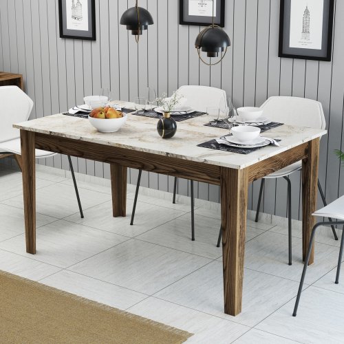 ESSTISCH MELAMIN NUSSBAUM-WEIßER MARMOR-OPTIK MIT STAURAUM 145x88x75cm