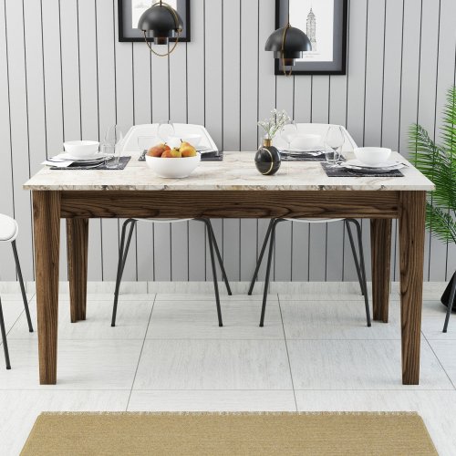 ESSTISCH MELAMIN NUSSBAUM-WEIßER MARMOR-OPTIK MIT STAURAUM 145x88x75cm