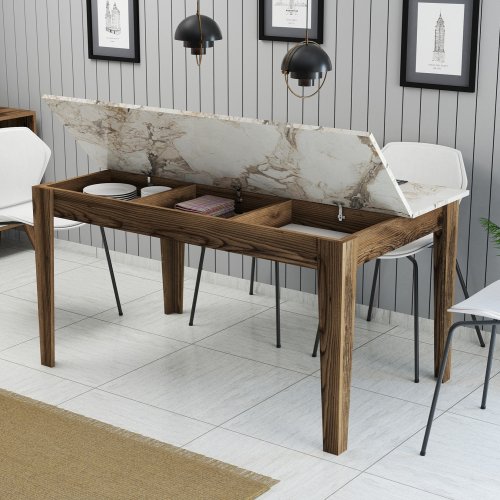 ESSTISCH MELAMIN NUSSBAUM-WEIßER MARMOR-OPTIK MIT STAURAUM 145x88x75cm