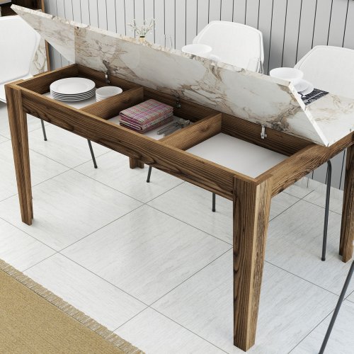 ESSTISCH MELAMIN NUSSBAUM-WEIßER MARMOR-OPTIK MIT STAURAUM 145x88x75cm
