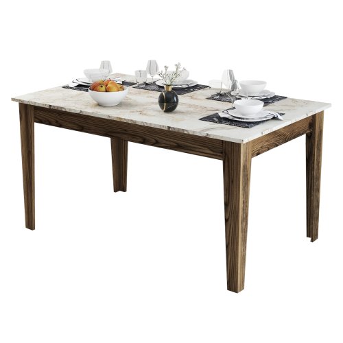 ESSTISCH MELAMIN NUSSBAUM-WEIßER MARMOR-OPTIK MIT STAURAUM 145x88x75cm