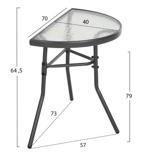 Halbrunder Tisch LIMA Metallic-Grau mit Glasplatte 70 x 40 x 64,5 cm.
