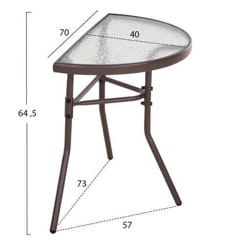 Halbrunder Tisch LIMA Metallic-BRAUN mit Glasplatte 70 x 40 x 64,5 cm.