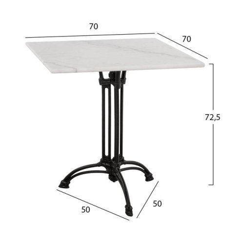 Bistrotisch aus Gusseisen mit Marmoroberfläche 70x70xH72,5 cm.