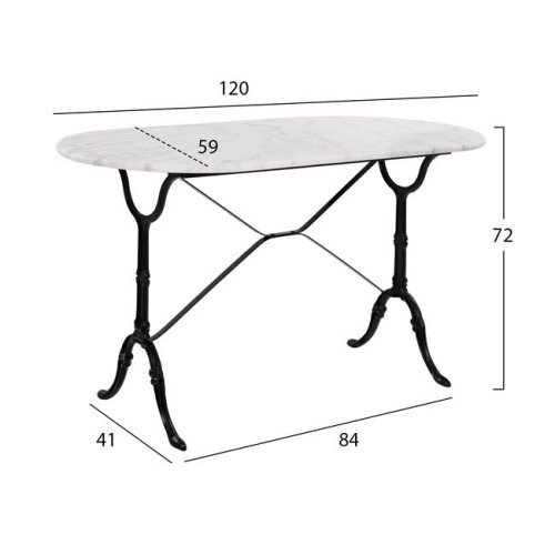 Komplett-Tisch aus Gusseisen mit ovaler Marmoroberfläche 120x59xH72 cm.