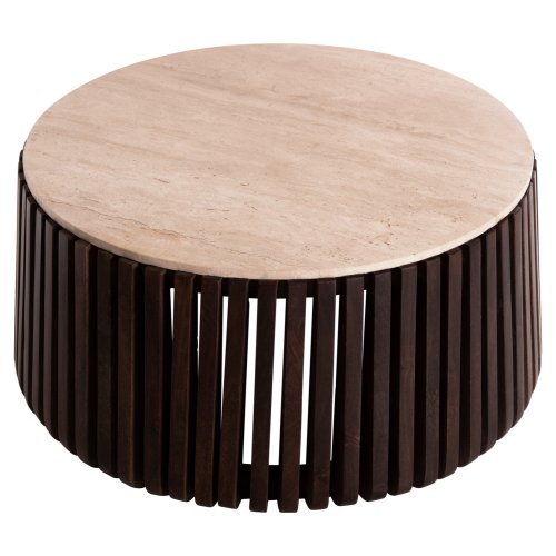 KREST WOHNZIMMERTISCH MASSIVES AKAZIENHOLZ IN BRAUN-TRAVERTIN Φ90x40cm