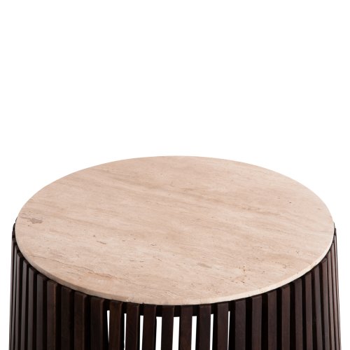 KREST WOHNZIMMERTISCH MASSIVES AKAZIENHOLZ IN BRAUN-TRAVERTIN Φ90x40cm