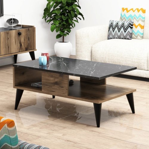Couchtisch mit Ablage in Nussbaum und Marmor 90x54x39,5 cm.