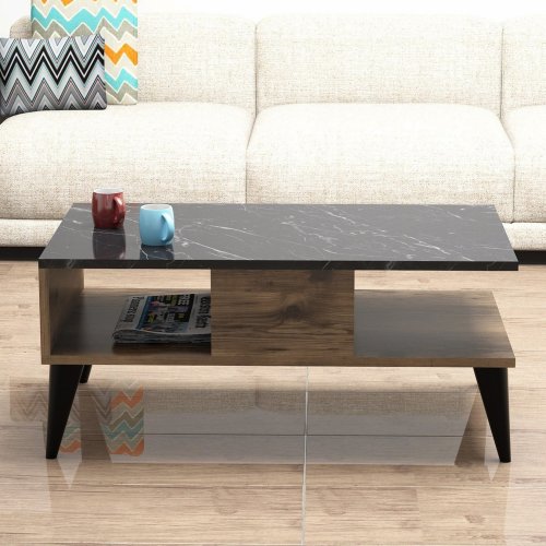 Couchtisch mit Ablage in Nussbaum und Marmor 90x54x39,5 cm.