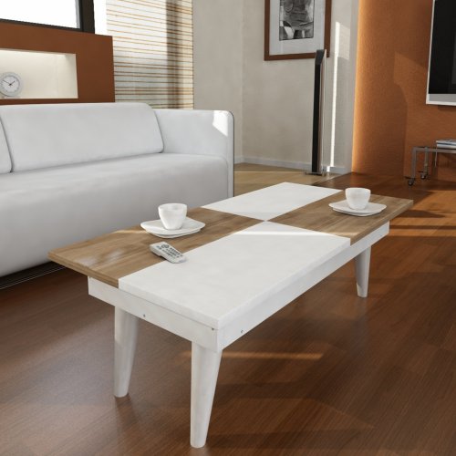 Couchtisch aus Melamin im Farbton Weiß und Nussbaum 90x44x30 cm.